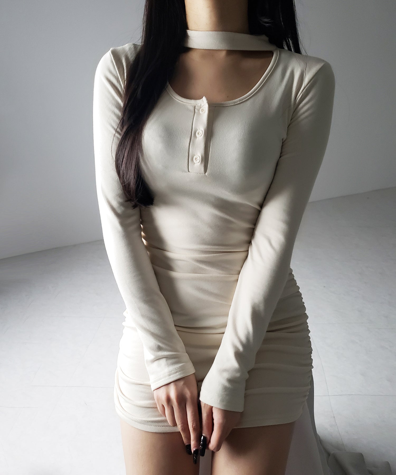 【 3color / 裏起毛 】チョーカーネックシャーリングミニワンピース / choker neck shirring mini onepiece