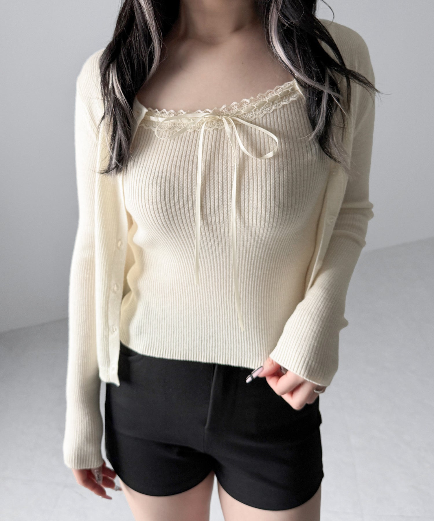 【 2点セット 】リボンリブニットキャミソール + カーディガンセット / ribbon rib knit camisole + cardigan set