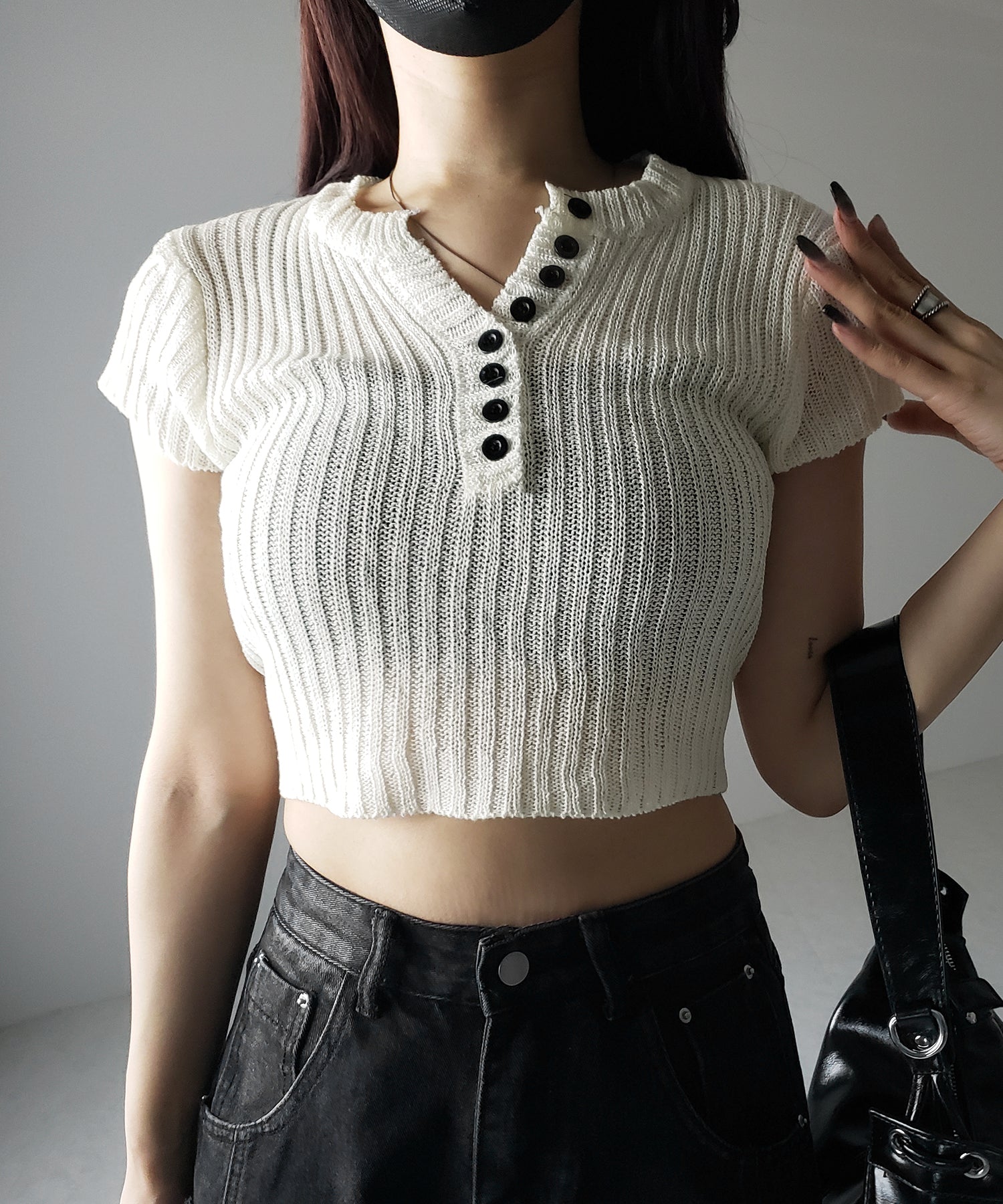 キーネックショートサマーリブニットトップス / Key neck short summer rib knit tops