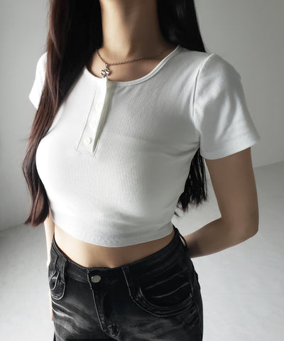 ヘンリーネック半袖ショートリブTシャツ /henley neck short sleeve short lib T-shirt