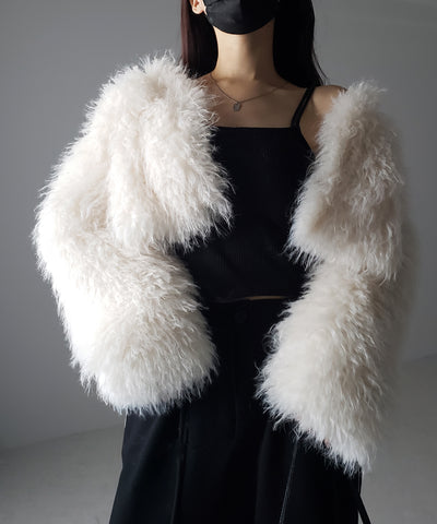シャギーファーノーカラーボリュームショートコート/ shaggy fur nocollar volume short coat