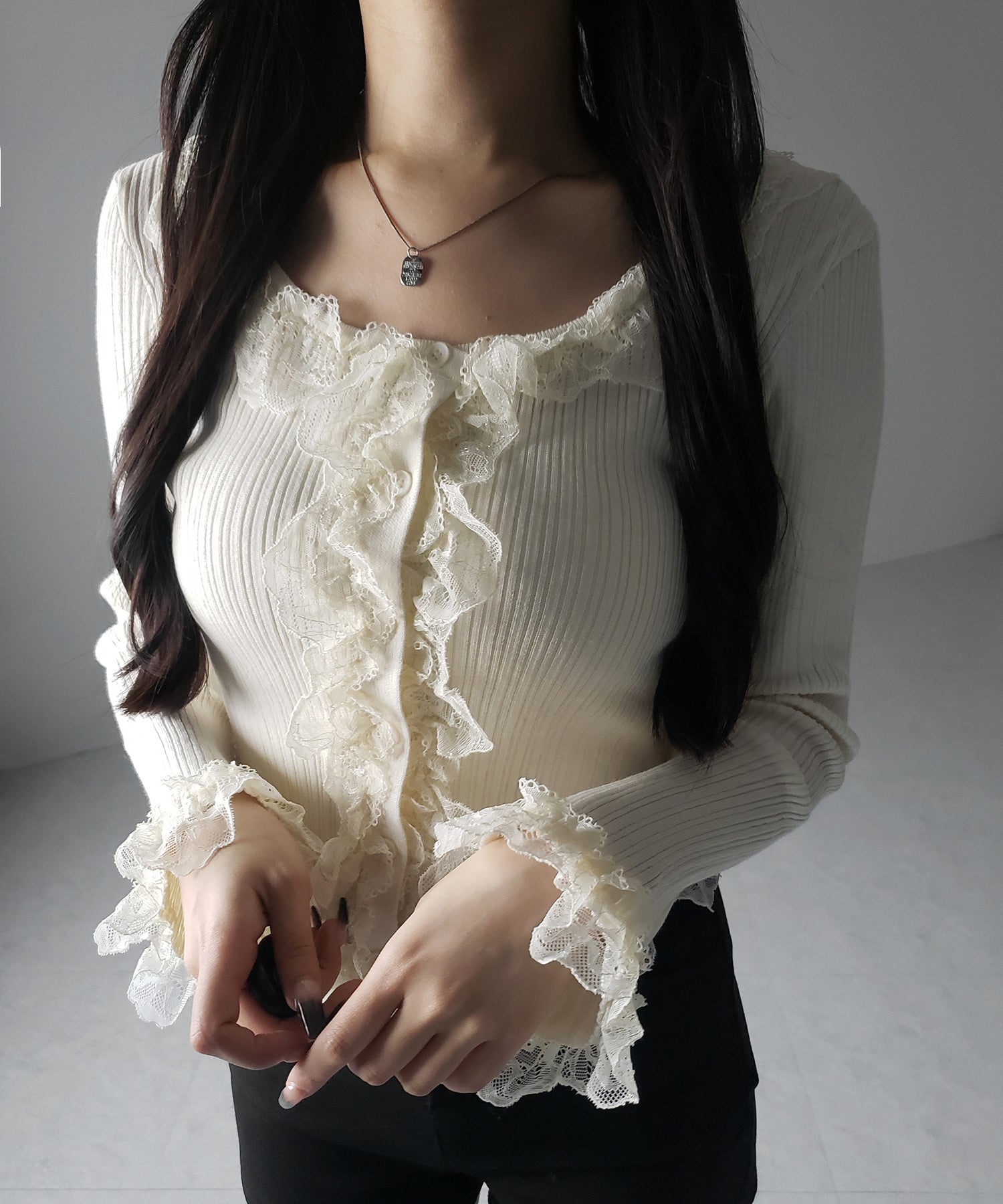 【 3color 】レースフリルドッキングリブニットカーディガン / lace frill docking rib knit cardigan