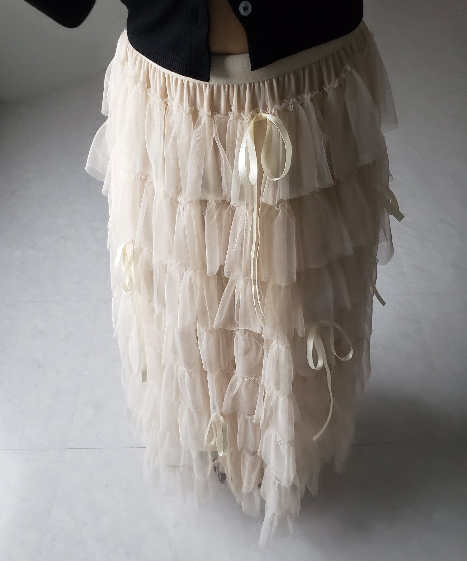 【 新色ピンク追加!/5color 】ストラップリボンバレエコアチュールスカート /strap ribbon ballet core tulle skirt