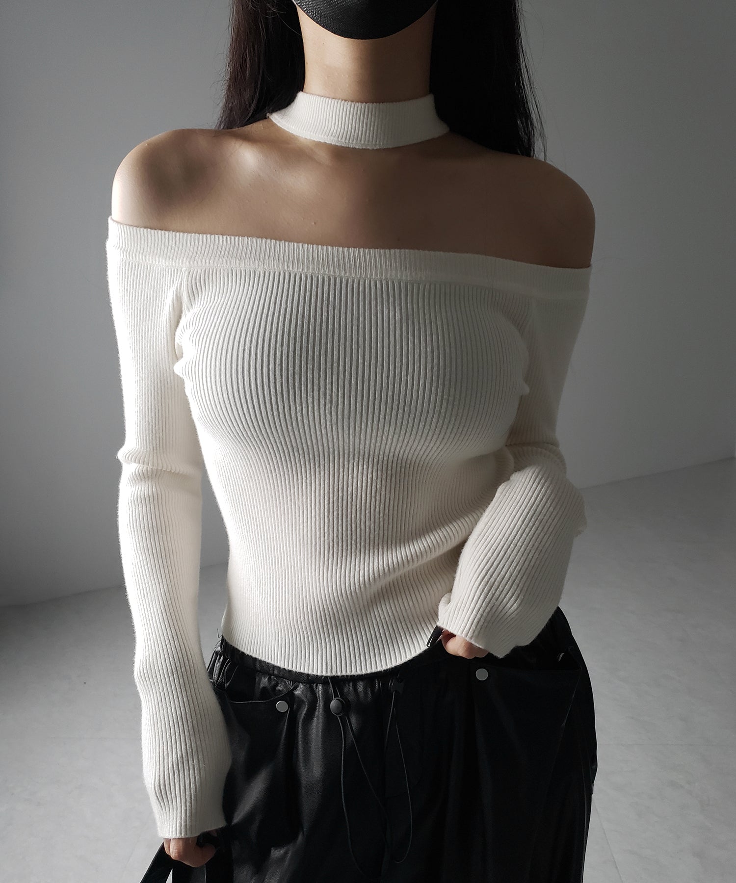 【 2color 】チョーカーオフショルリブニットトップス /choker offshoulder lib knit tops