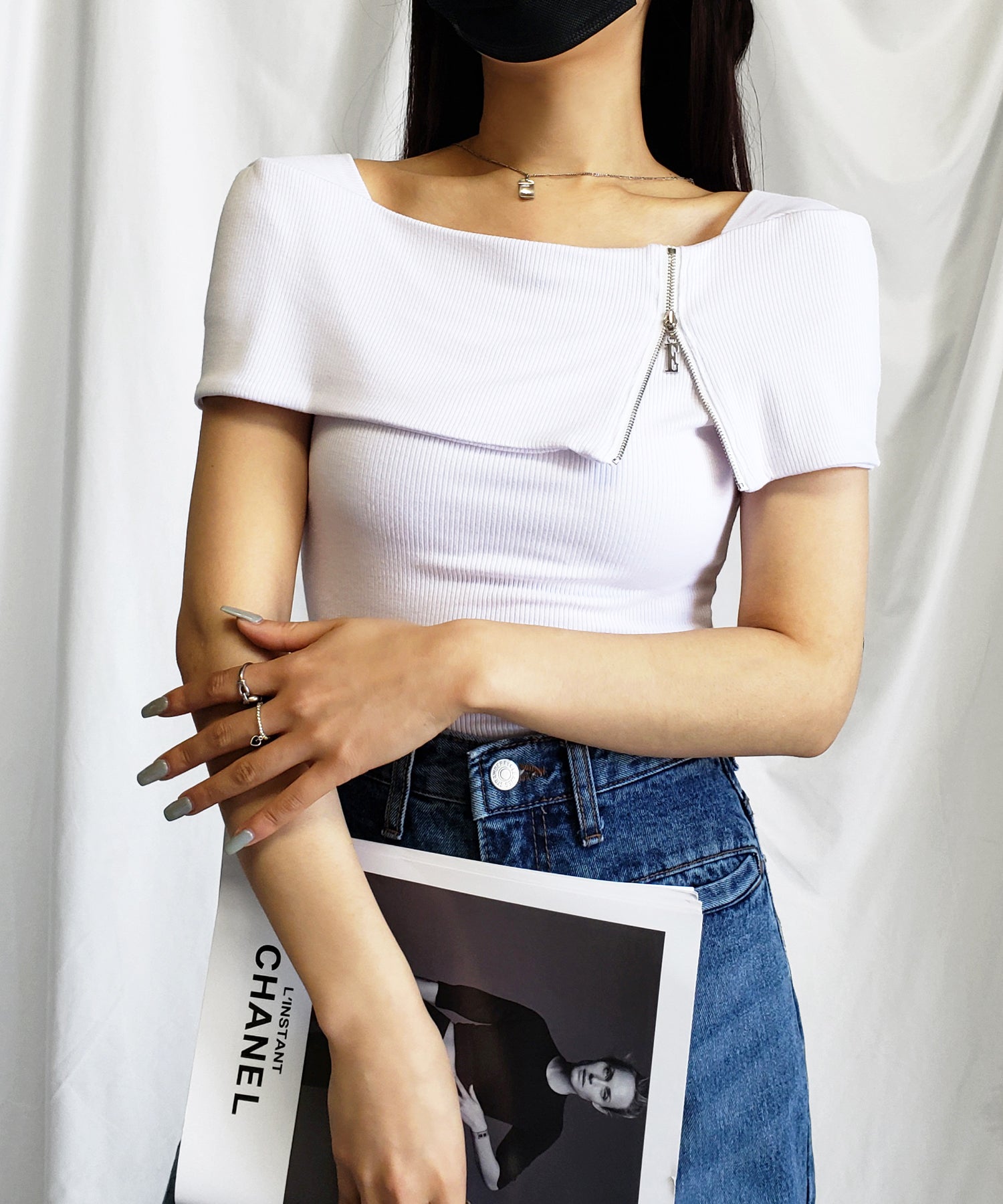 【 2WAY 】ジップワイドリブショートTシャツ【 韓国製 】