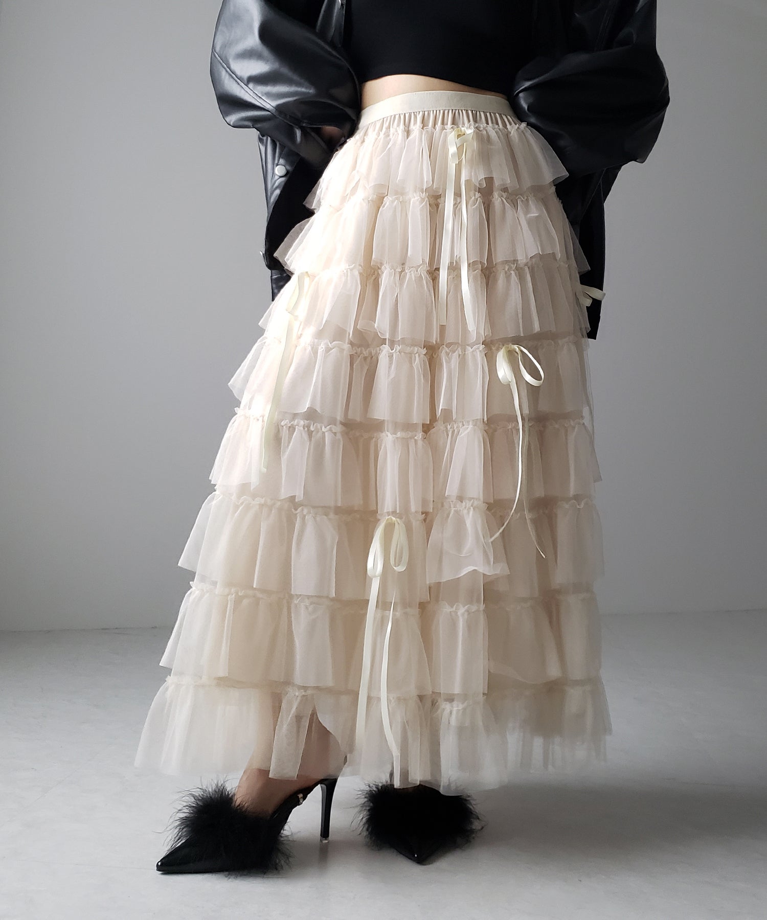【 新色ピンク追加!/5color 】ストラップリボンバレエコアチュールスカート /strap ribbon ballet core tulle skirt