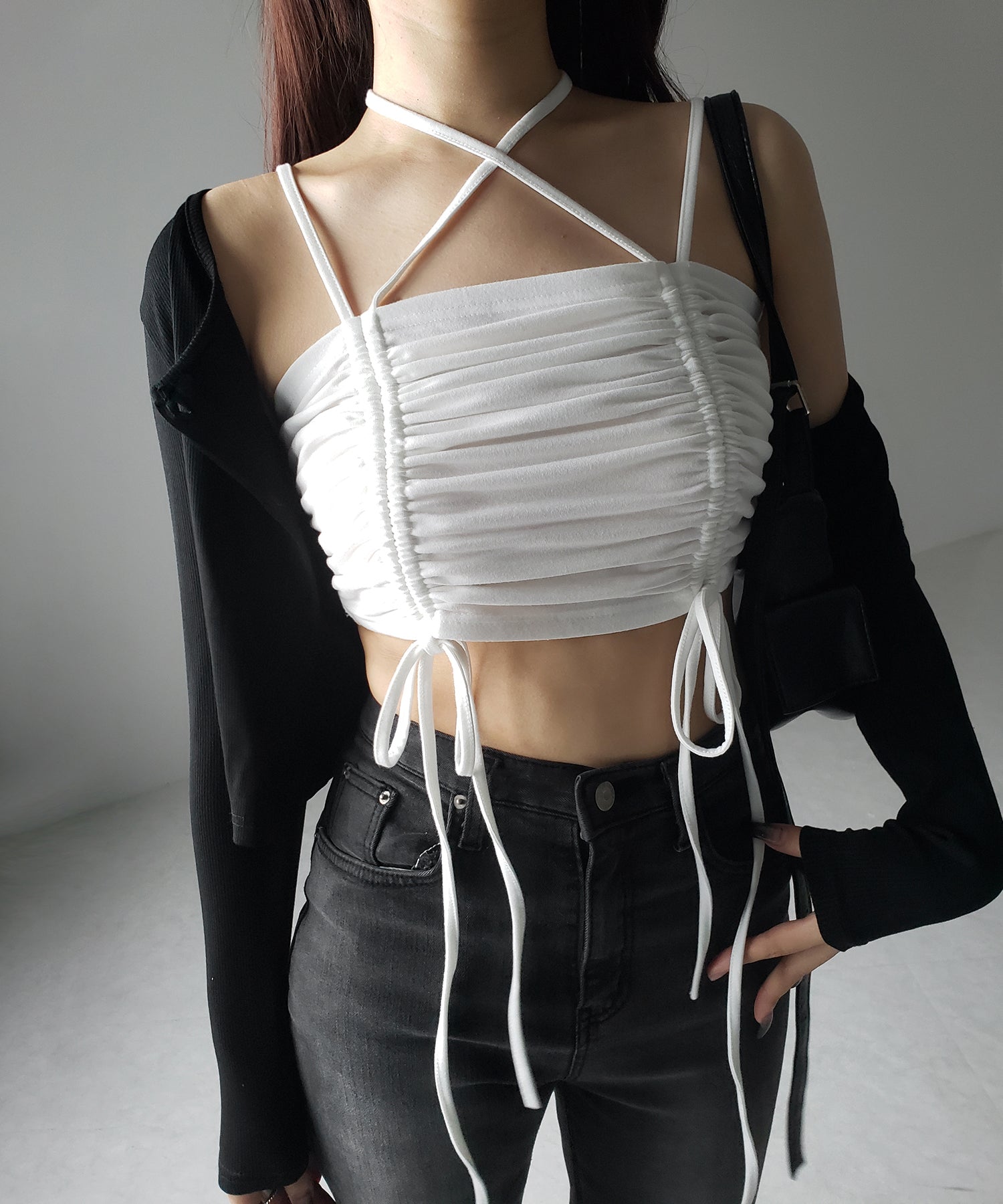 3WAYクロスストラップリボンシャーリングショートキャミソール / 3WAY cross strap ribbon shirring short camisole