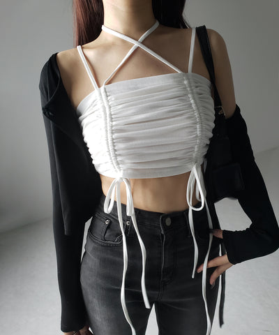 3WAYクロスストラップリボンシャーリングショートキャミソール / 3WAY cross strap ribbon shirring short camisole