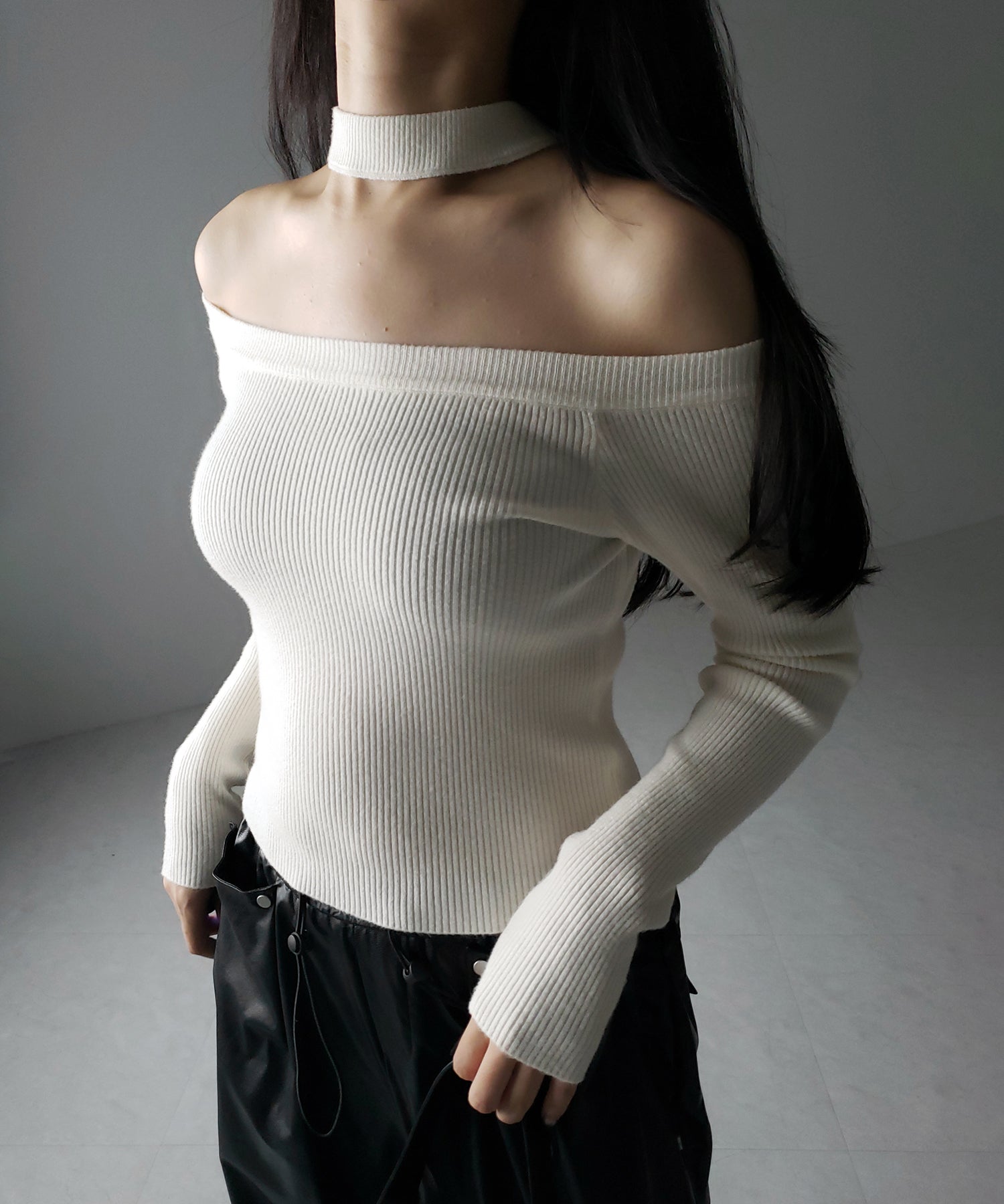 【 2color 】チョーカーオフショルリブニットトップス /choker offshoulder lib knit tops