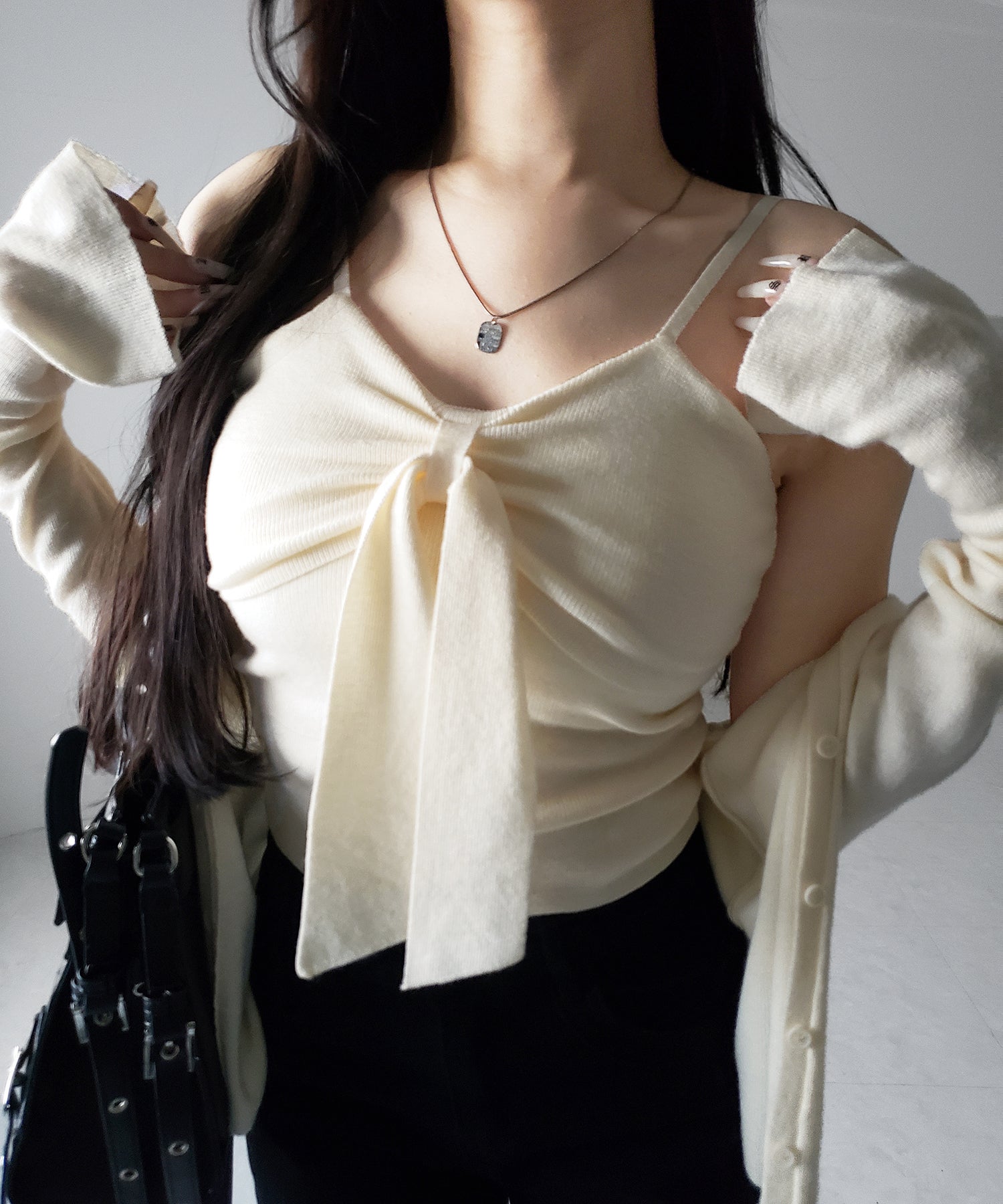 【 2点セット 】リボンニットキャミソール + カーディガンセット /ribbon knit camisole + cardigan SET
