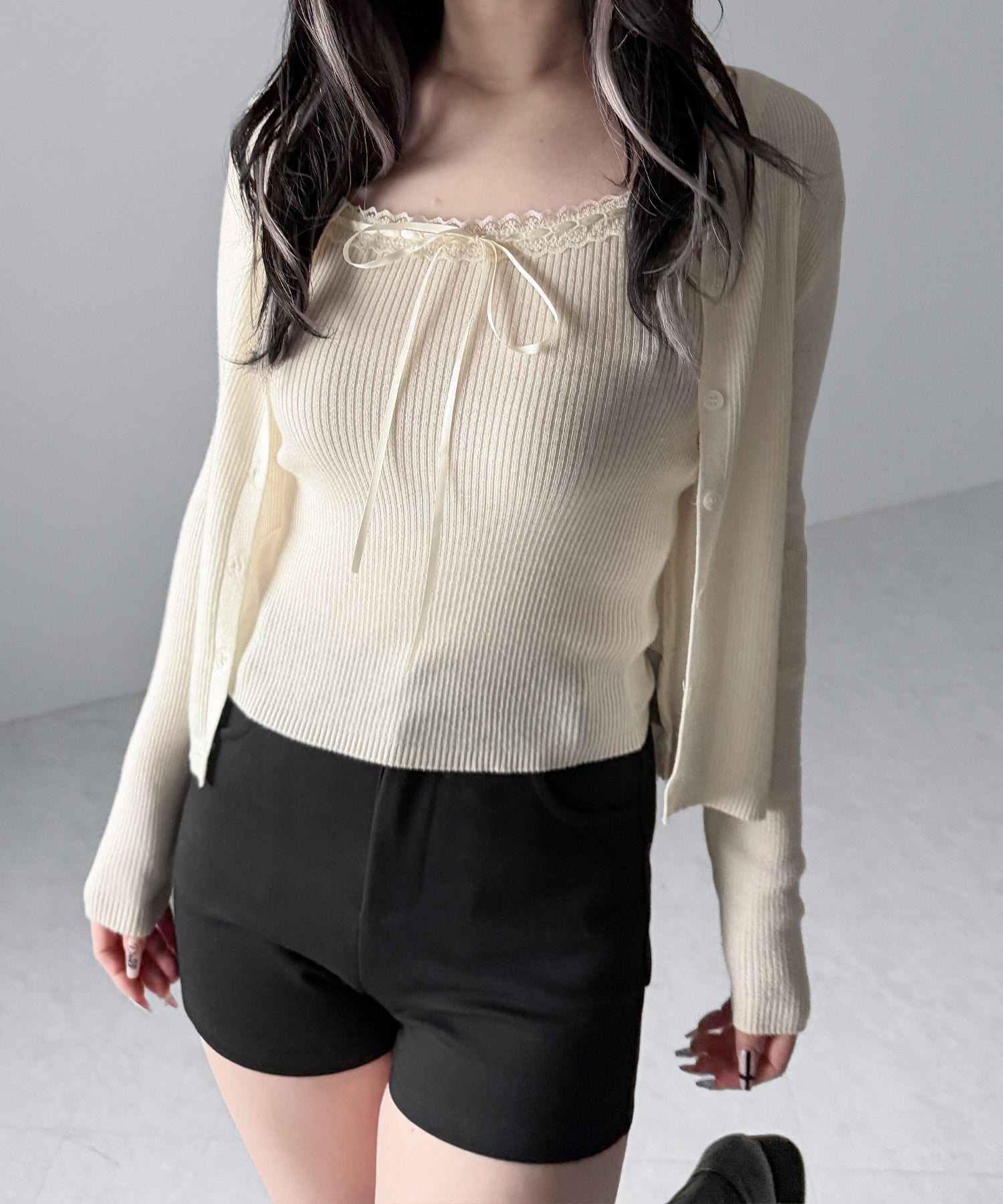 【 2点セット 】リボンリブニットキャミソール + カーディガンセット / ribbon rib knit camisole + cardigan set