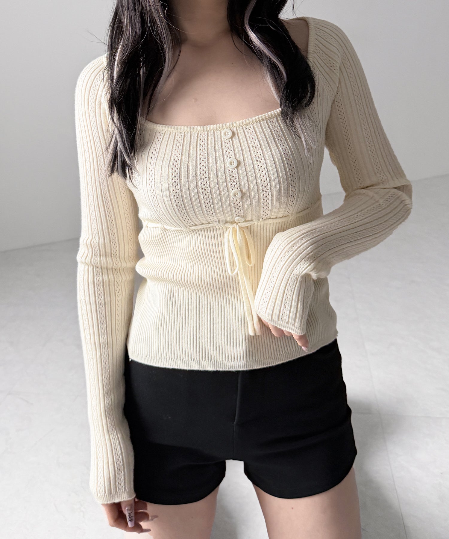 スリムフィット透かし柄リブニット / slim fit watermark pattern rib knit tops