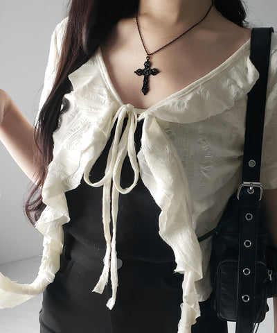 ダメージフリル半袖ショートリボンカーディガン / damage frill short sleeve short ribbon cardigan
