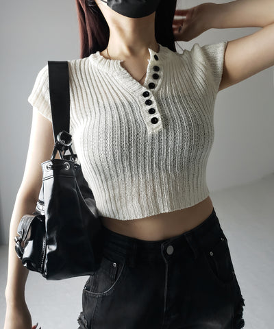 キーネックショートサマーリブニットトップス / Key neck short summer rib knit tops