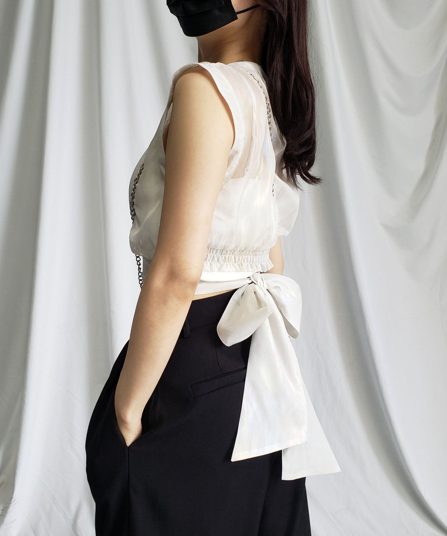 【 3color 】オーロラグロスオーガンジーバックリボンショートブラウス / Aurora gloss organdy back ribbon short Blouse
