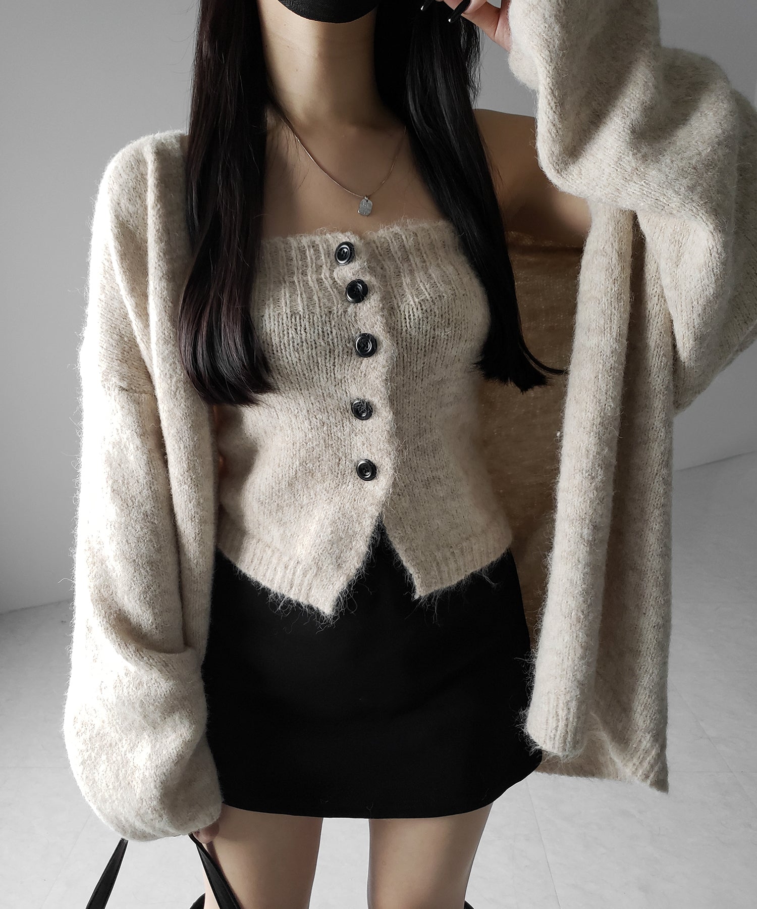 【 新色追加 /2点セット 】ニットボタンビスチェ +ロングカーディガンセット / knit button bustier + long cardigan set