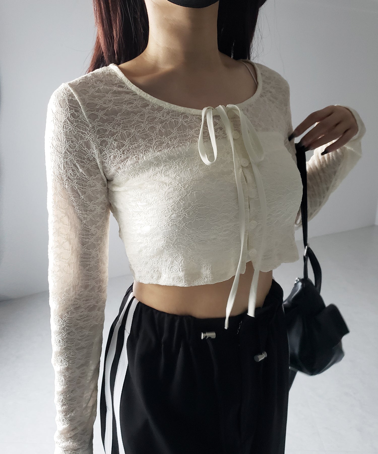 【 2WAY 】クロスストラップリボンショートレースカーディガン / cross strap ribbon short lace cardigan