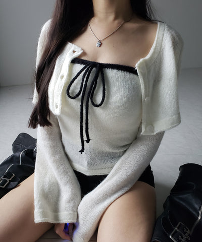 【 2点セット 】フロントリボンニットベアトップ + 長袖ショートカーディガン SET / front ribbon knit bare top + long sleeve short cardigan set