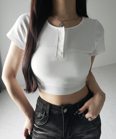 ヘンリーネック半袖ショートリブTシャツ /henley neck short sleeve short lib T-shirt