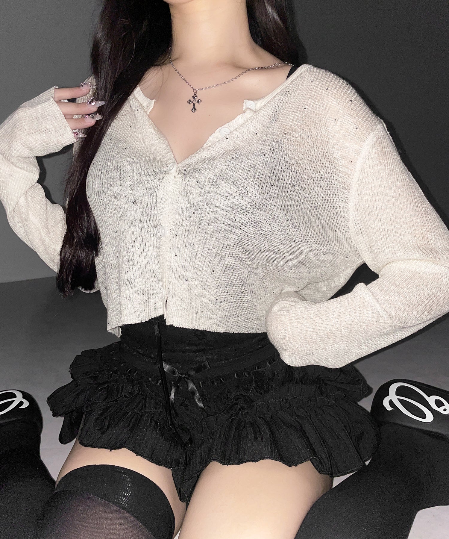 ラインストーンシアーニットカーディガン / Rhine stone sheer knit cardigan