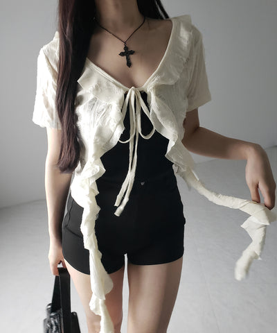 ダメージフリル半袖ショートリボンカーディガン / damage frill short sleeve short ribbon cardigan
