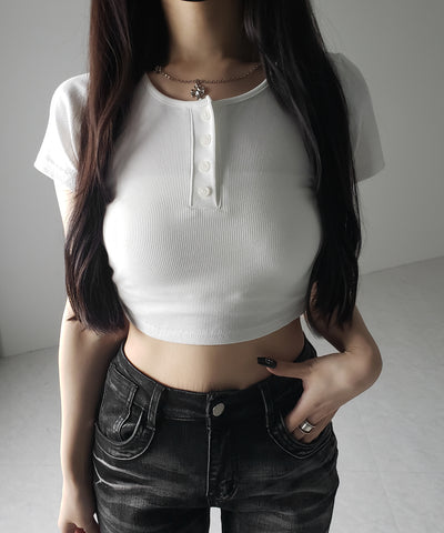 ヘンリーネック半袖ショートリブTシャツ /henley neck short sleeve short lib T-shirt