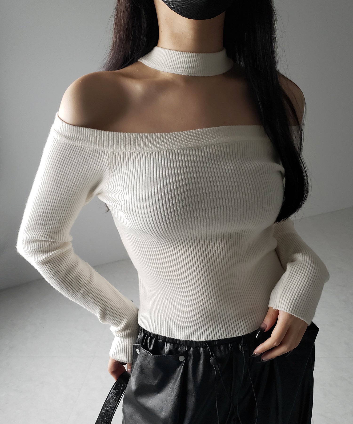 【 2color 】チョーカーオフショルリブニットトップス /choker offshoulder lib knit tops