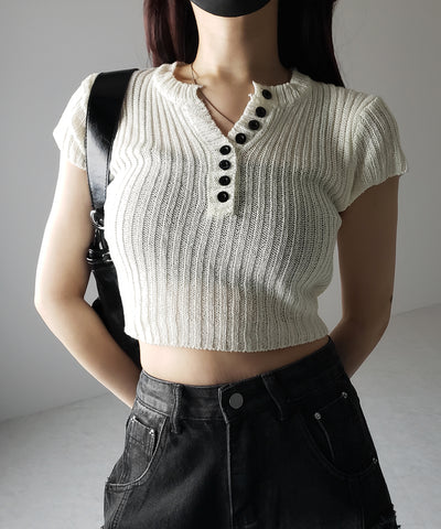 キーネックショートサマーリブニットトップス / Key neck short summer rib knit tops