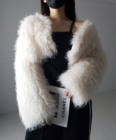 シャギーファーノーカラーボリュームショートコート/ shaggy fur nocollar volume short coat
