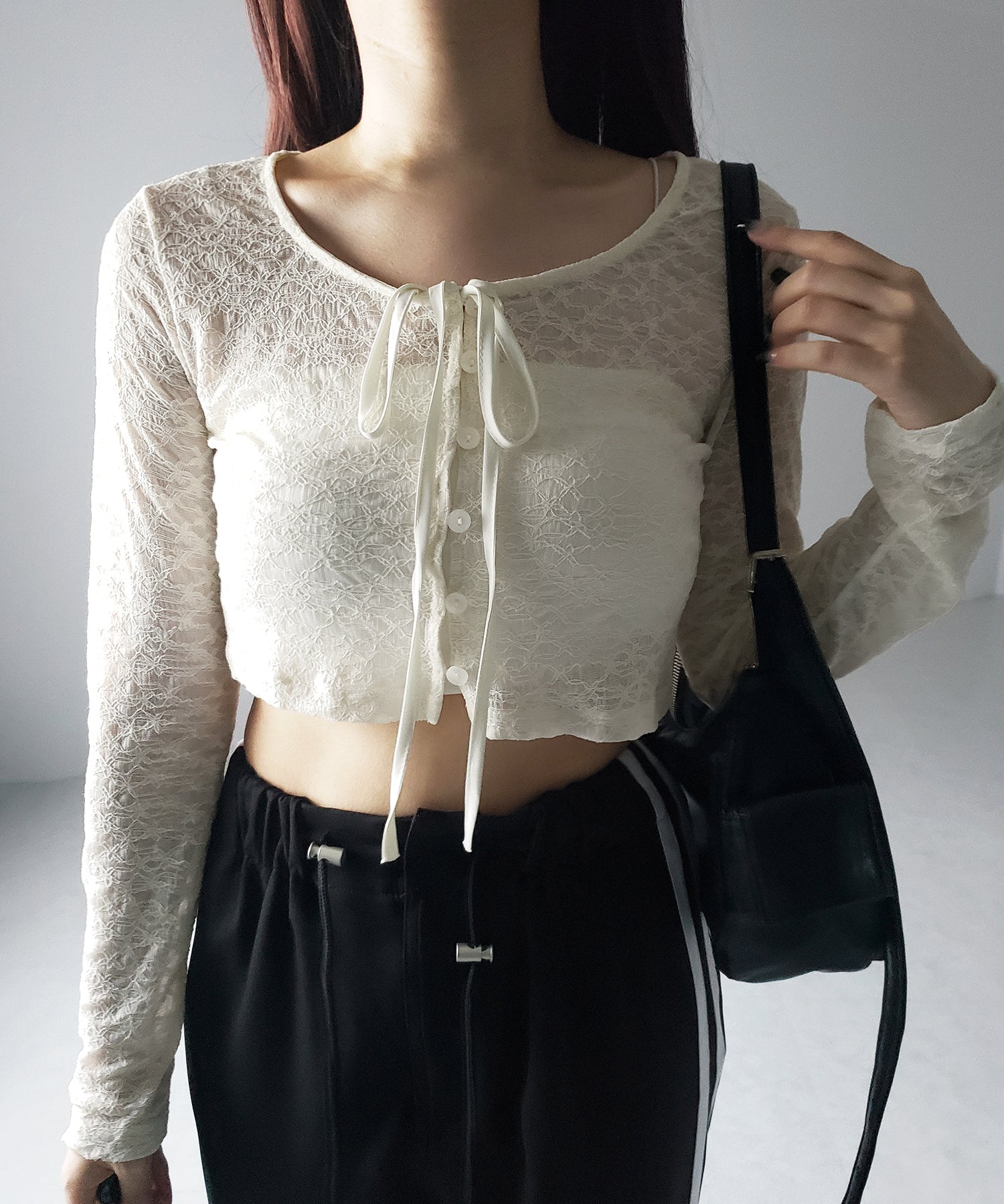 【 2WAY 】クロスストラップリボンショートレースカーディガン / cross strap ribbon short lace cardigan