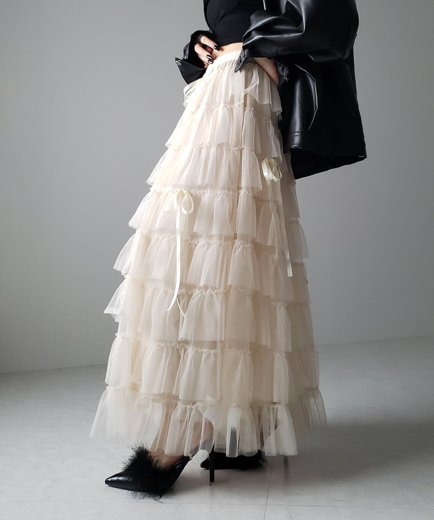 【 新色ピンク追加!/5color 】ストラップリボンバレエコアチュールスカート /strap ribbon ballet core tulle skirt