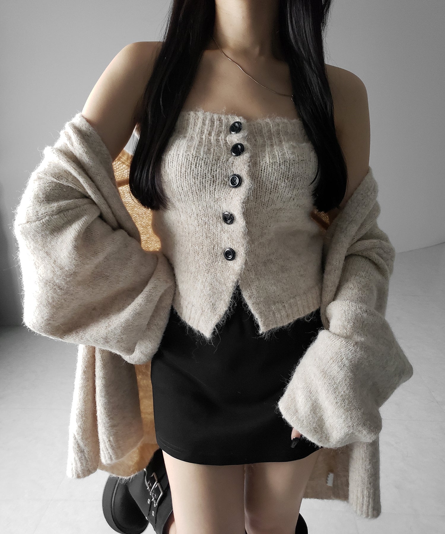 【 2点セット 】ニットボタンビスチェ +ロングカーディガンセット / knit button bustier + long cardigan set