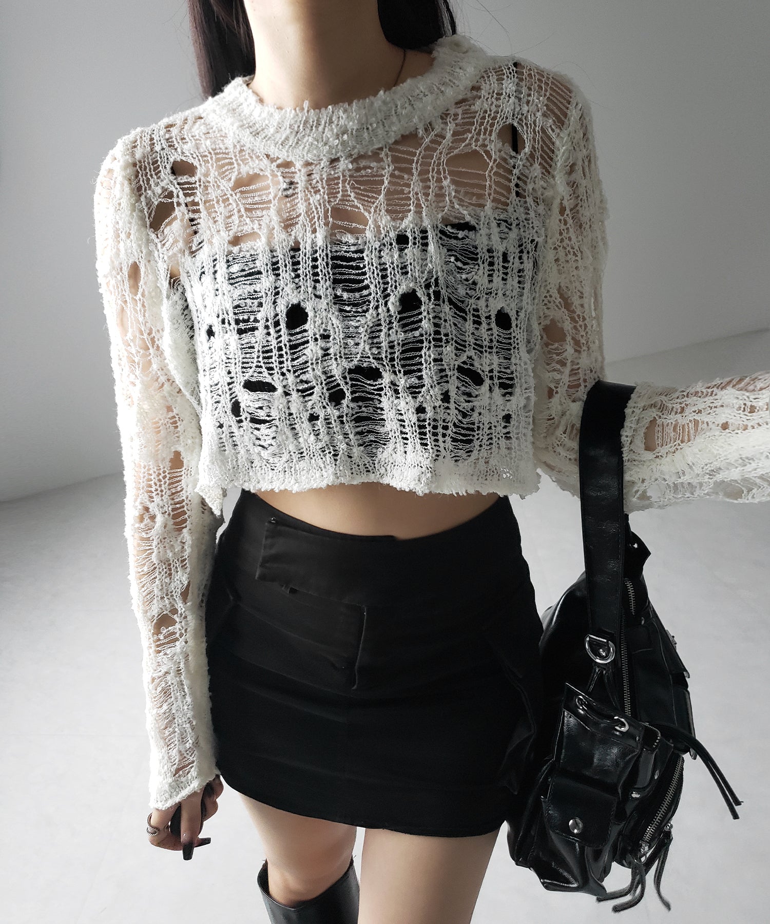 クラッシュダメージショートシアーニット / crush damage short sheer knit