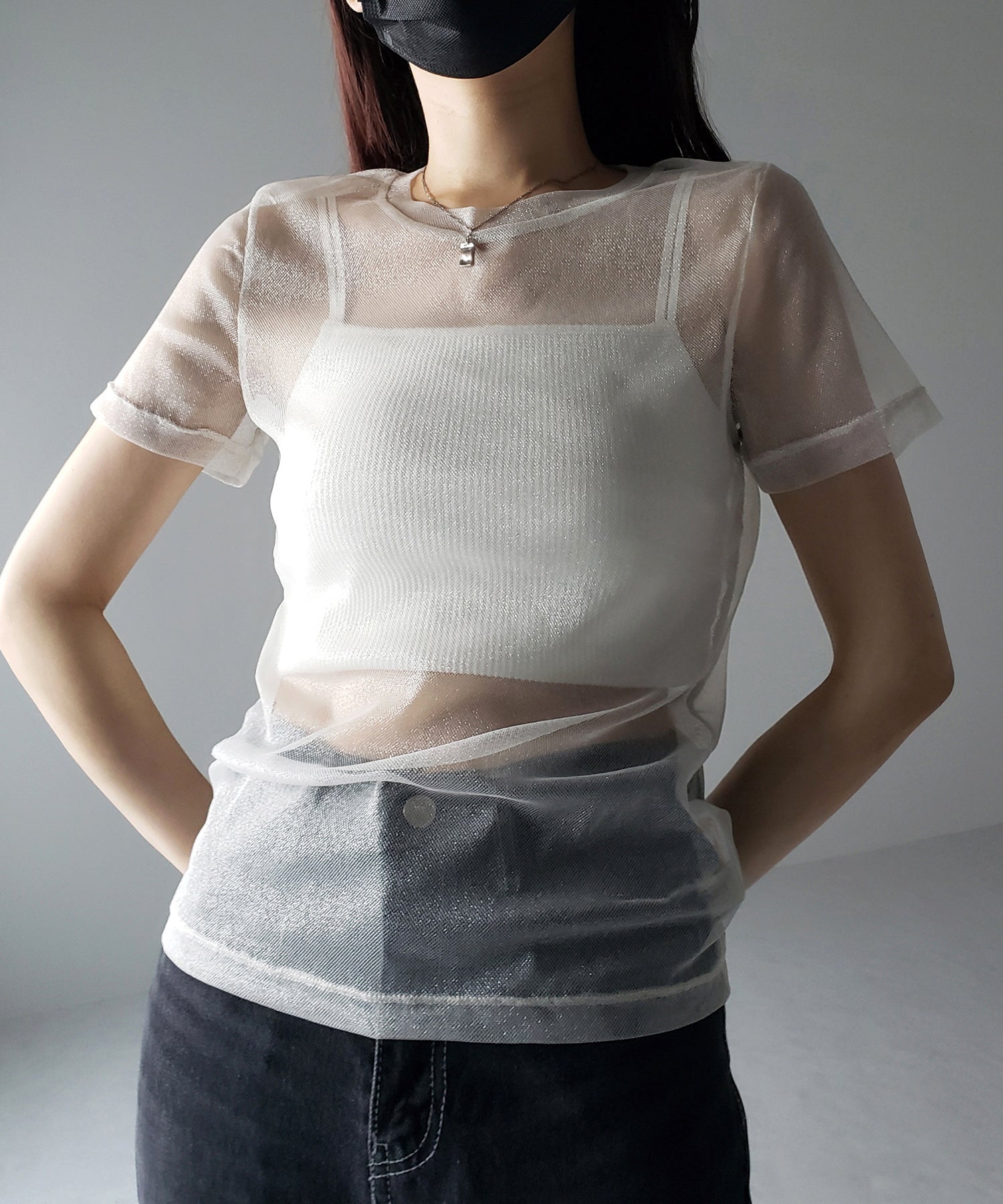【 選べる3color/2size 】シルバーラメチュールシースルーTシャツ