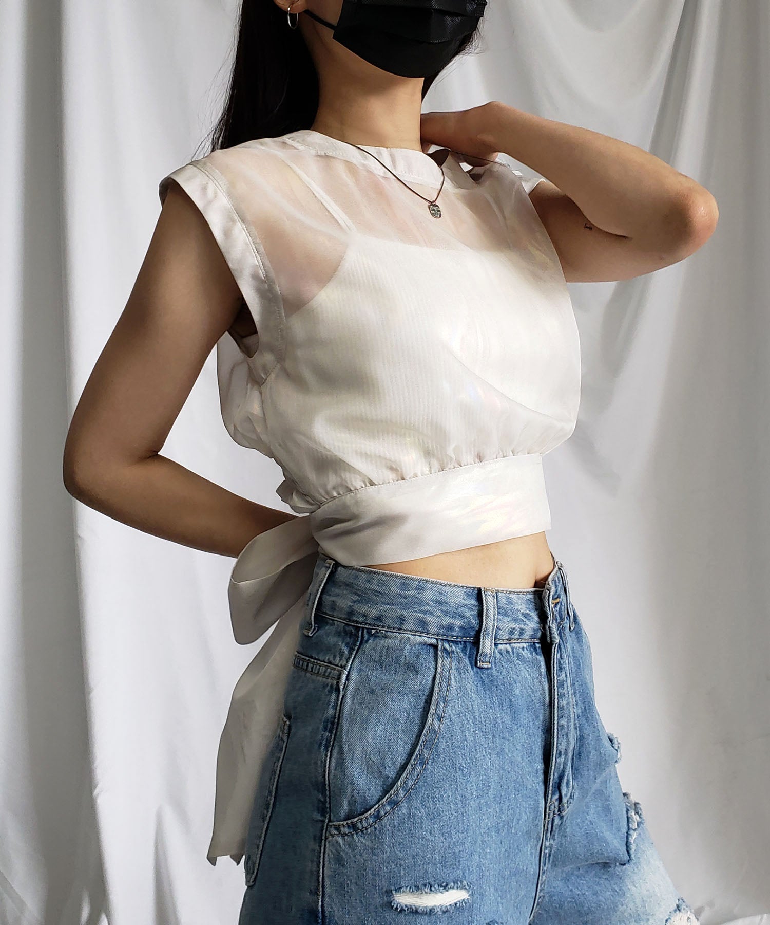 【 3color 】オーロラグロスオーガンジーバックリボンショートブラウス / Aurora gloss organdy back ribbon short Blouse