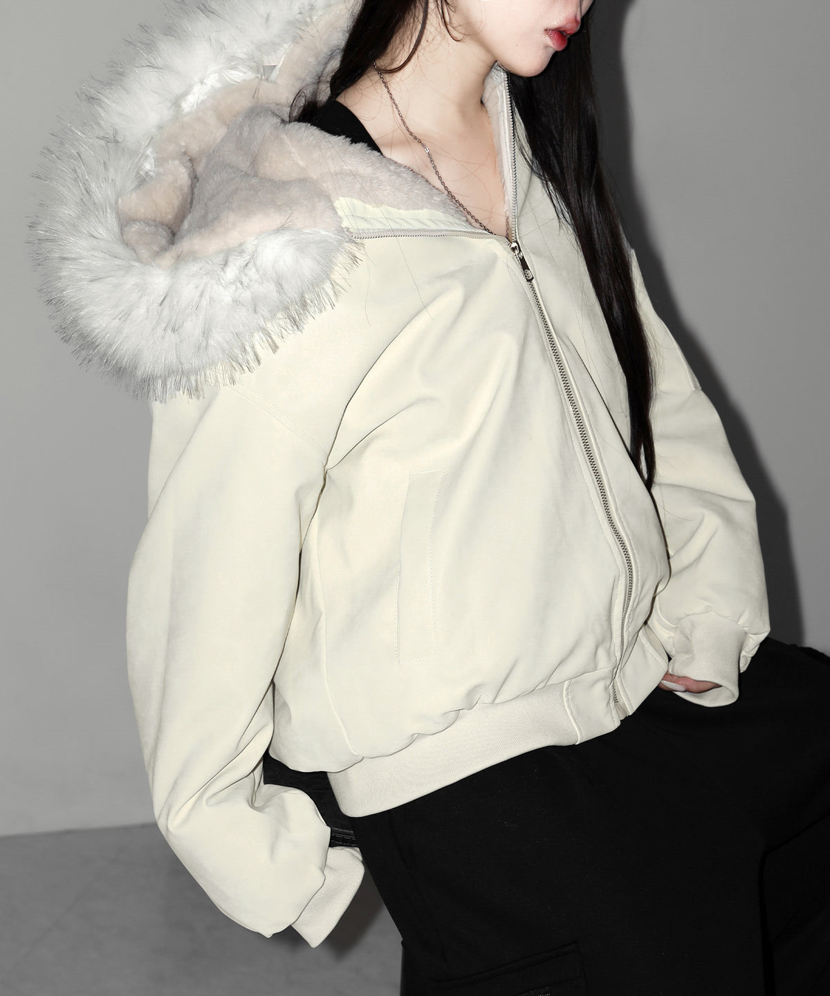 ファーフードヴィンテージフェイクレザーオーバーブルゾン / fur hooded vintage fake leather over blouson