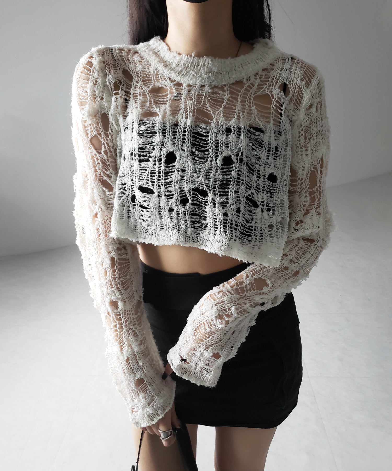 クラッシュダメージショートシアーニット / crush damage short sheer knit