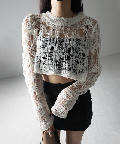 クラッシュダメージショートシアーニット / crush damage short sheer knit