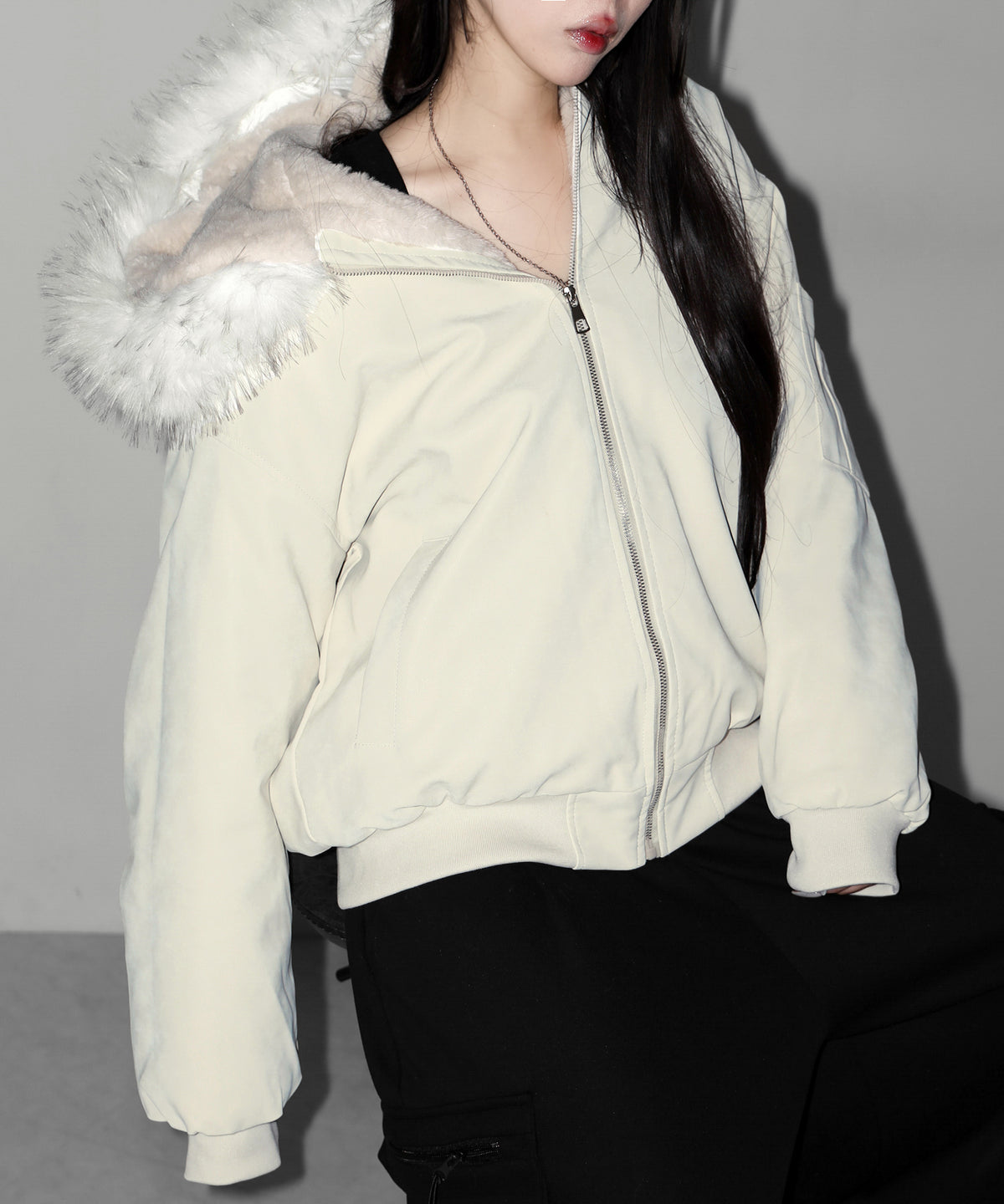 ファーフードヴィンテージフェイクレザーオーバーブルゾン / fur hooded vintage fake leather over blouson