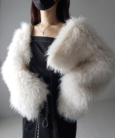 シャギーファーノーカラーボリュームショートコート/ shaggy fur nocollar volume short coat