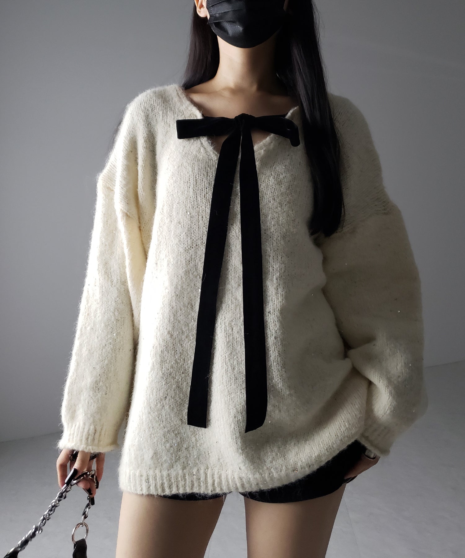 【 2WAY 】ベロアリボンスパングルオーバーニット / velor ribbon spangle over knit