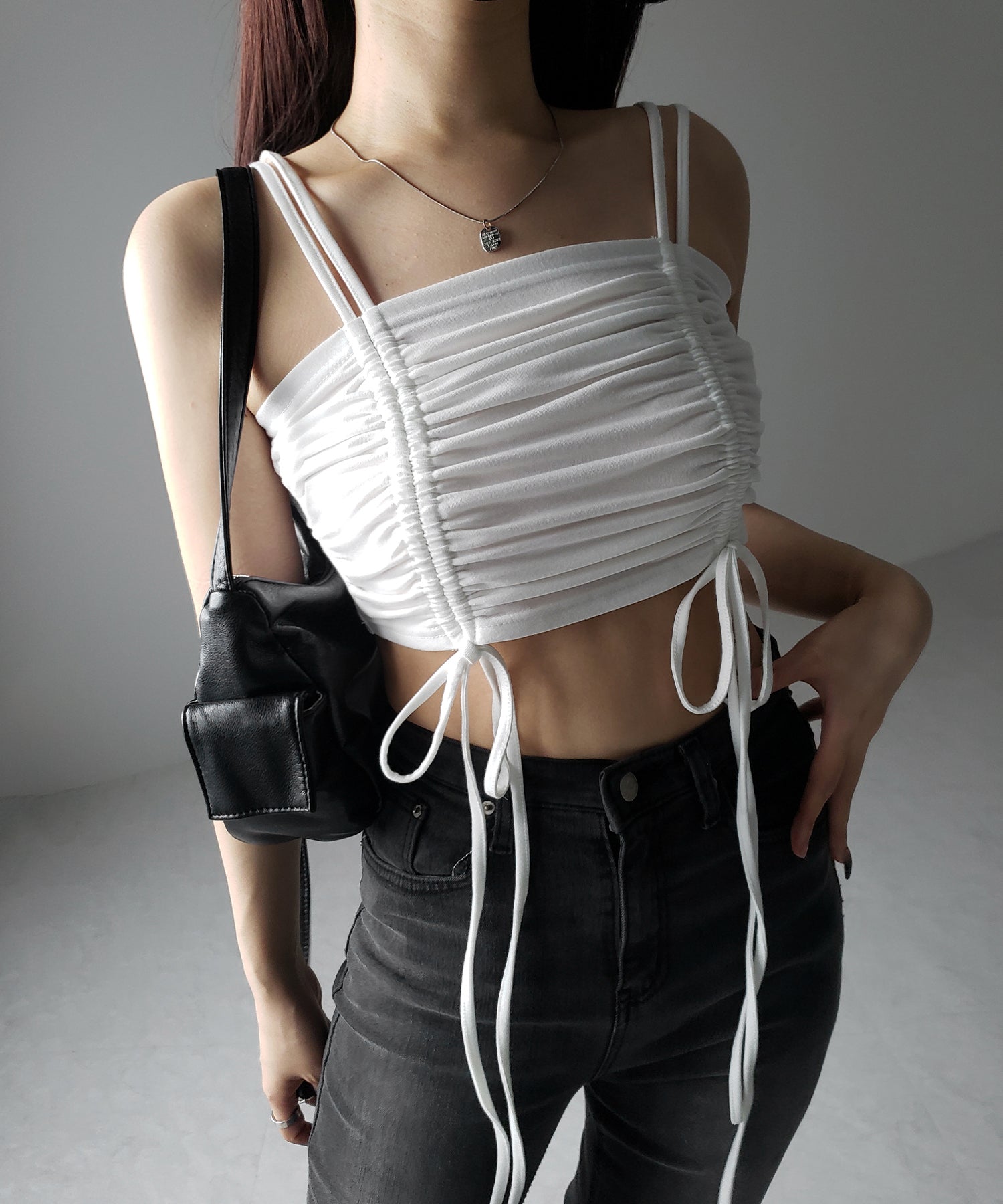 3WAYクロスストラップリボンシャーリングショートキャミソール / 3WAY cross strap ribbon shirring short camisole