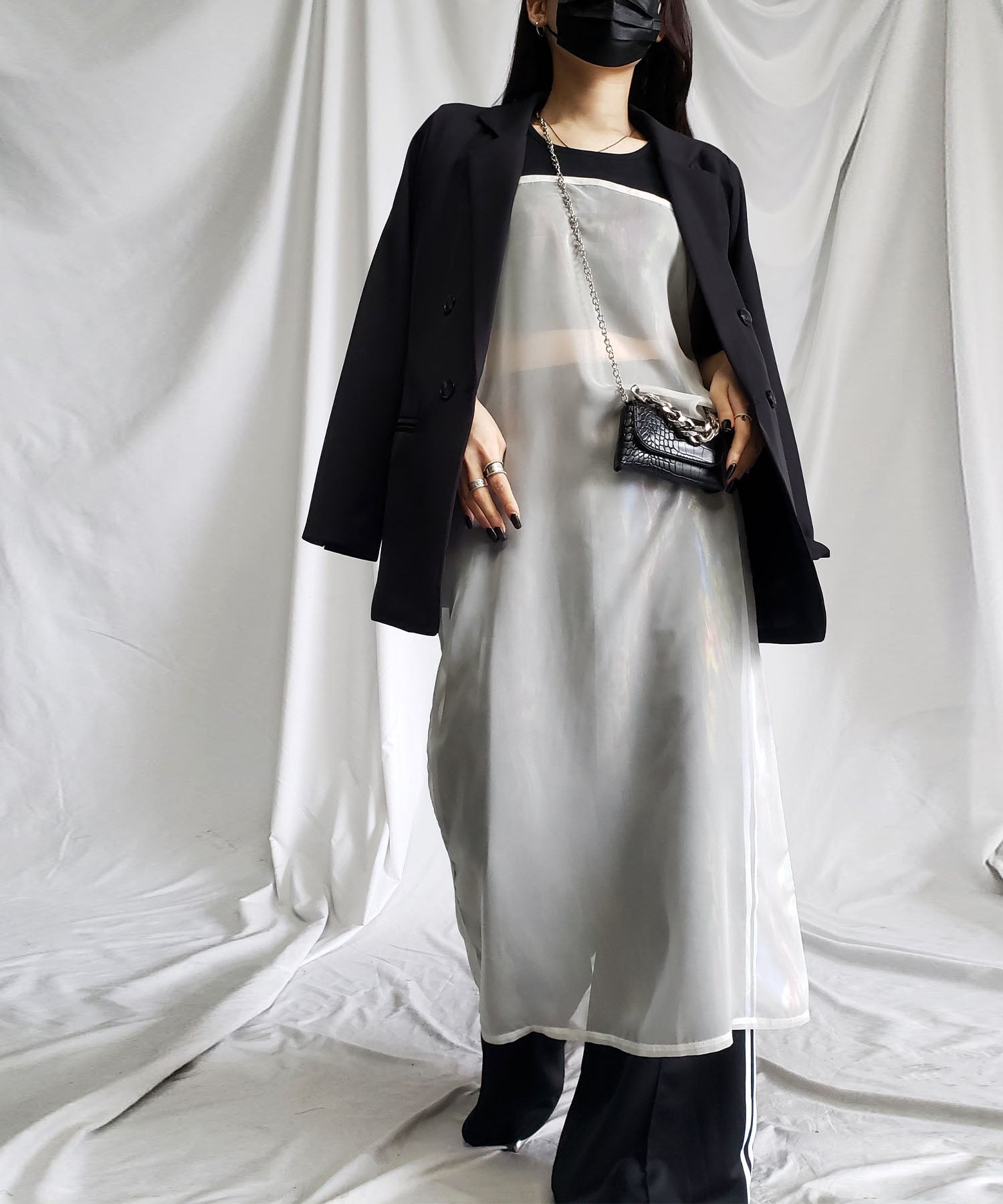 【 3color 】オーロラグロスオーガンジーバックスリットストレートキャミワンピース / Aurora gloss organdy backslit straight cami onepiece
