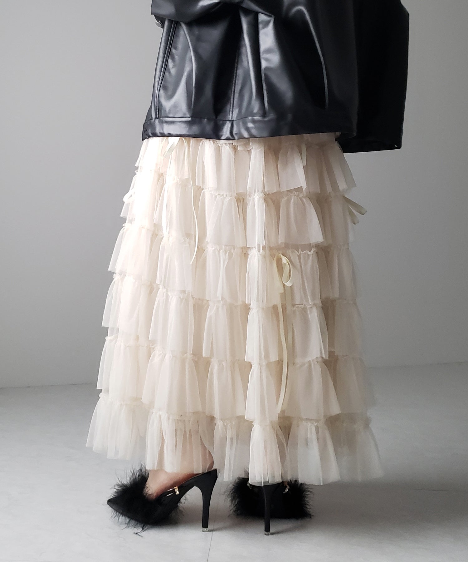 【 新色ピンク追加!/5color 】ストラップリボンバレエコアチュールスカート /strap ribbon ballet core tulle skirt