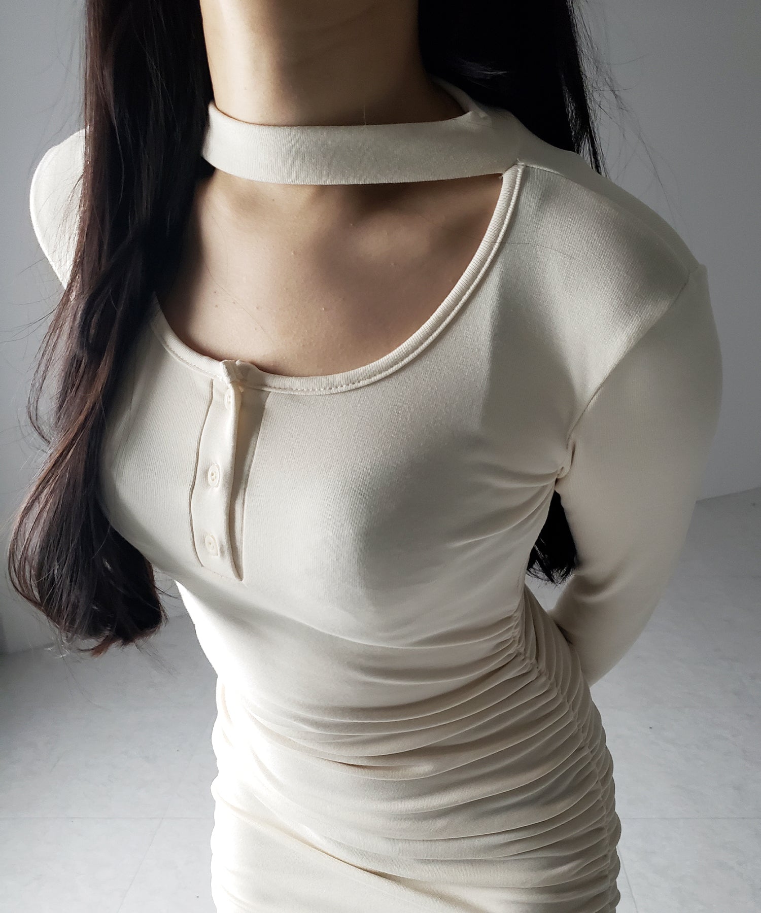 【 3color / 裏起毛 】チョーカーネックシャーリングミニワンピース / choker neck shirring mini onepiece