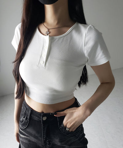 ヘンリーネック半袖ショートリブTシャツ /henley neck short sleeve short lib T-shirt