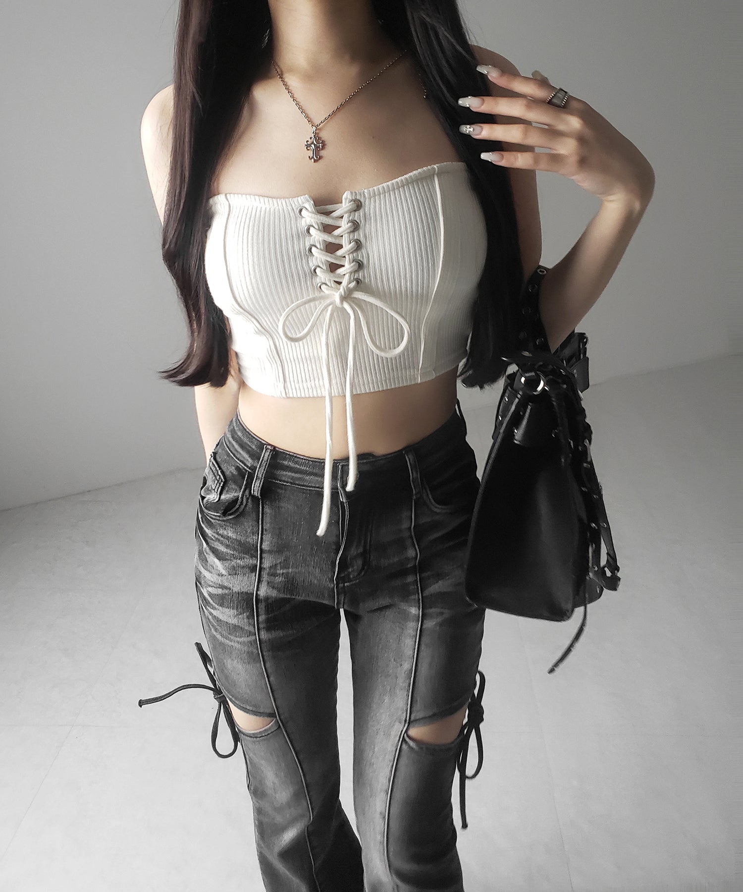 【カップ付き 】レースアップコルセットリボンショートリブベアトップ / laceup corset ribbon short ribbed bare top
