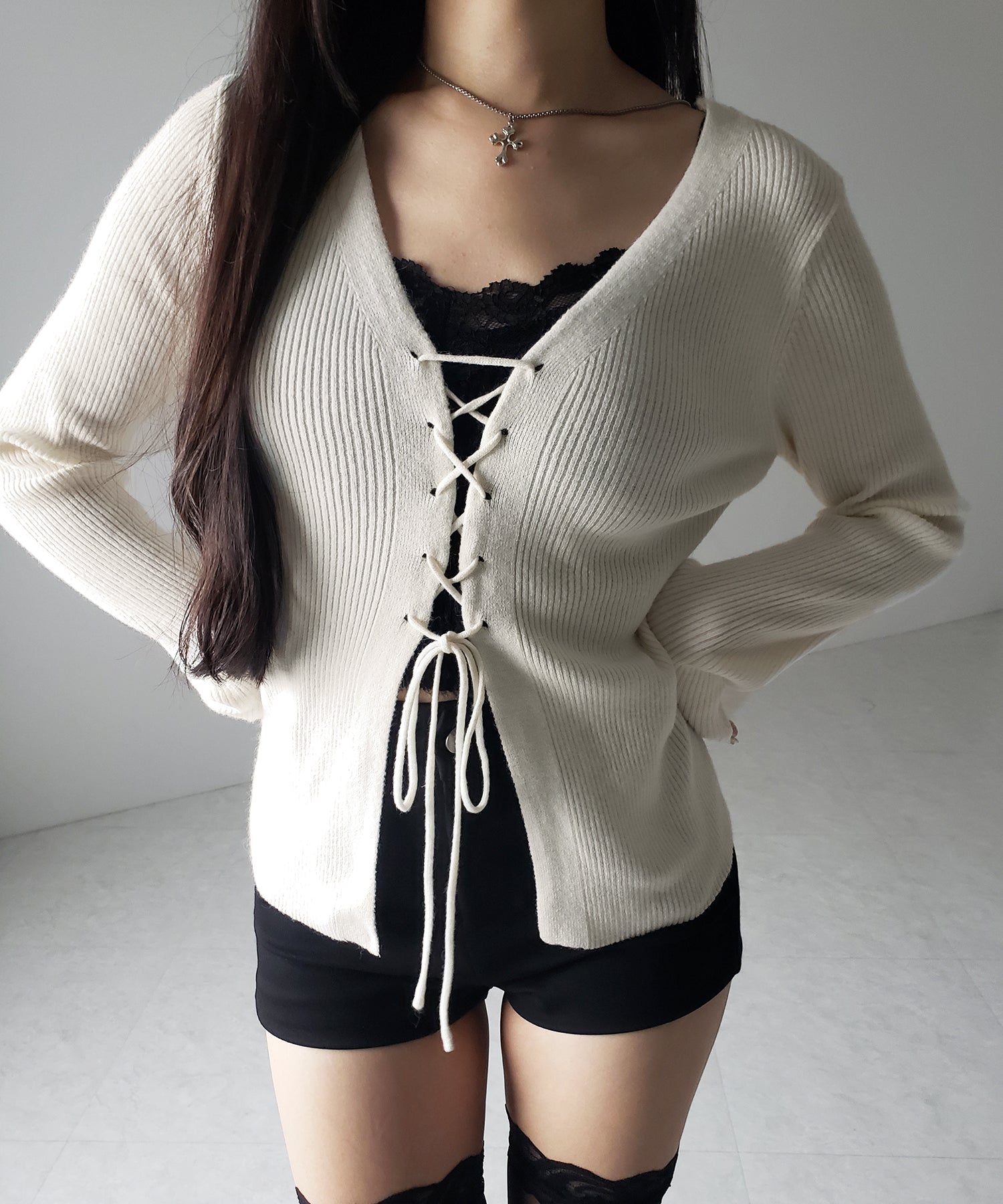 【 3color 】レースアップリボンリブニットカーディガン / lace up ribbon rib knit cardigan