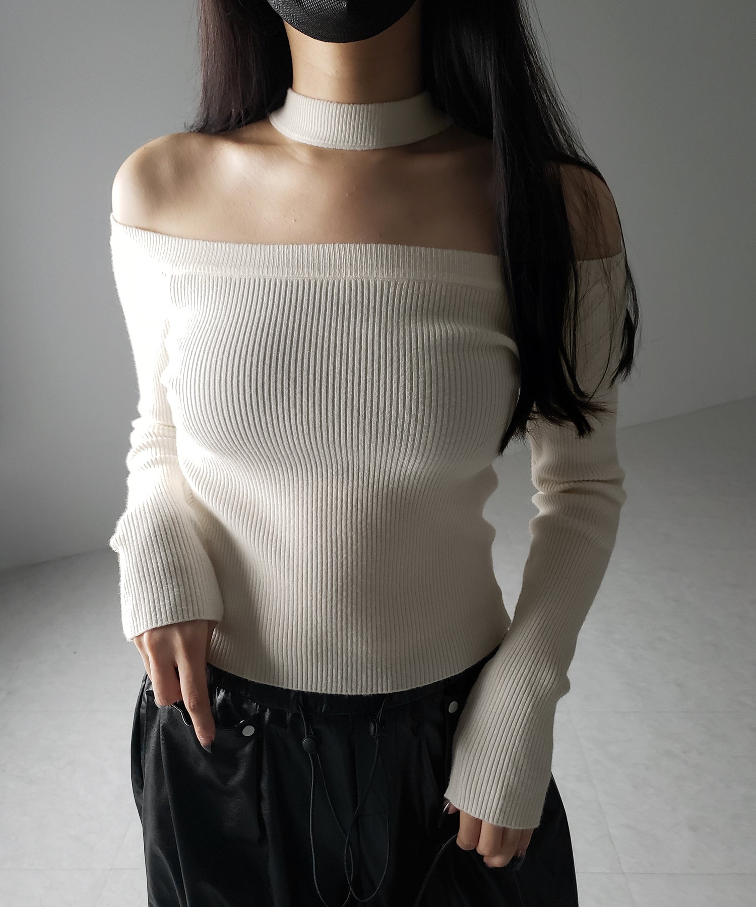【 2color 】チョーカーオフショルリブニットトップス /choker offshoulder lib knit tops