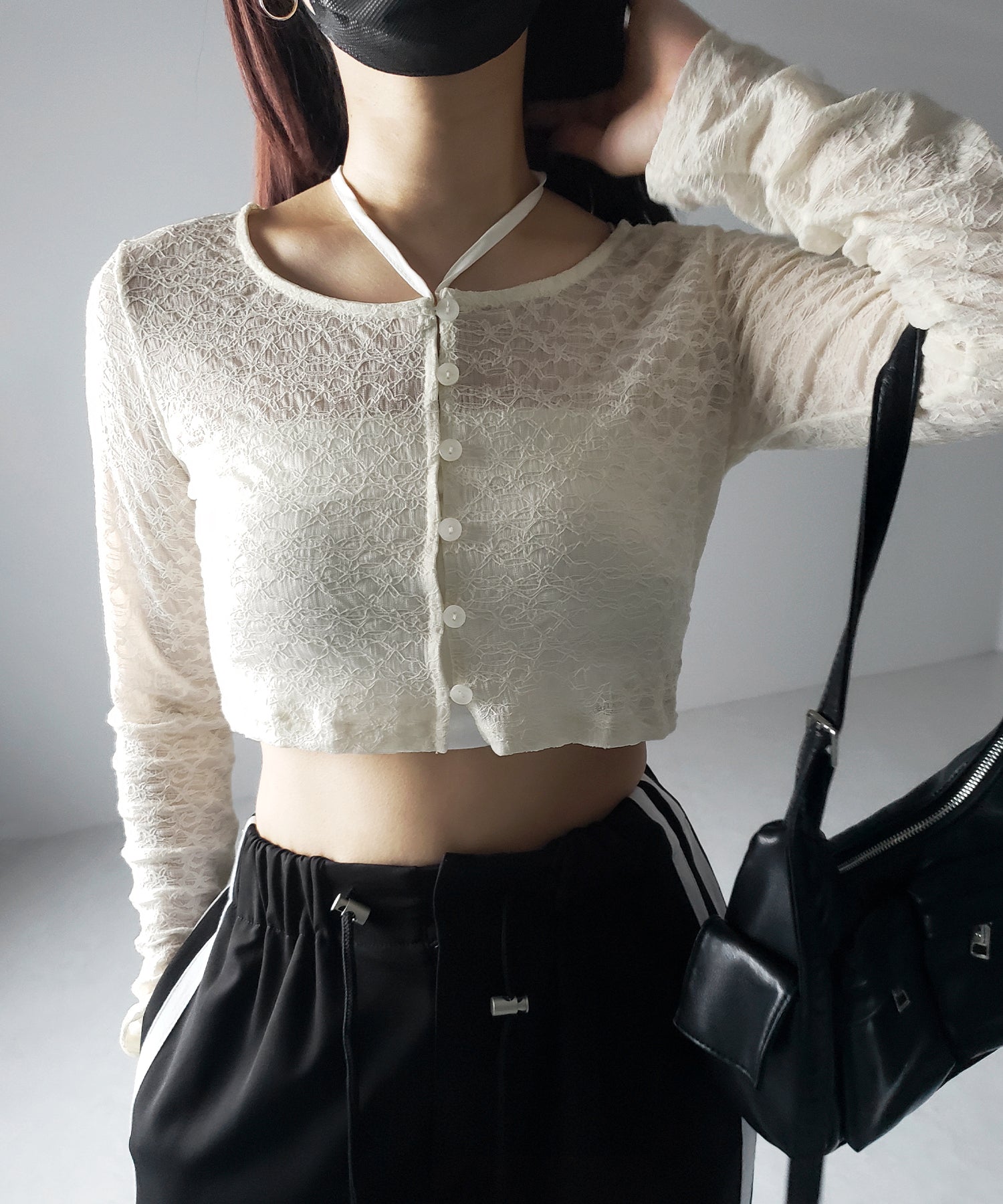 【 2WAY 】クロスストラップリボンショートレースカーディガン / cross strap ribbon short lace cardigan